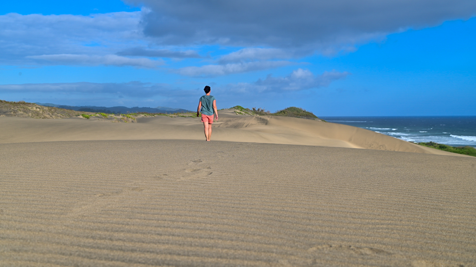Agnes V. marchant seule sur une dune vers l'océan, symbole de liberté et d'exploration d'un nouveau chemin professionnel.